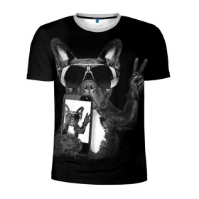 Мужская футболка 3D спортивная с принтом Бульдог в очках в Новосибирске, 100% полиэстер с улучшенными характеристиками | приталенный силуэт, круглая горловина, широкие плечи, сужается к линии бедра | Тематика изображения на принте: домашнее | животное | пес | собака