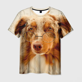 Мужская футболка 3D с принтом Собака в очках в Новосибирске, 100% полиэфир | прямой крой, круглый вырез горловины, длина до линии бедер | домашнее | животное | очки | пес | прикол | собака в очках | умный | ученый