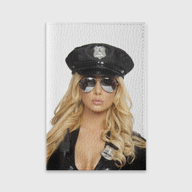 Обложка для паспорта матовая кожа с принтом Девушка полицейский в Новосибирске, натуральная матовая кожа | размер 19,3 х 13,7 см; прозрачные пластиковые крепления | Тематика изображения на принте: блондинка | девушка | кожа | очки | форма | фуражка