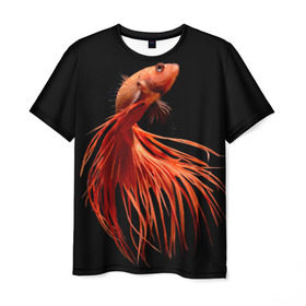 Мужская футболка 3D с принтом Бойцовая рыбка в Новосибирске, 100% полиэфир | прямой крой, круглый вырез горловины, длина до линии бедер | Тематика изображения на принте: аквариумная | бойцовая | красивый | плавники | рыба | рыбка | хвост | япаонская