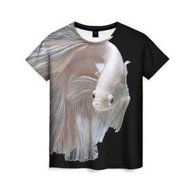 Женская футболка 3D с принтом Бойцовая рыбка в Новосибирске, 100% полиэфир ( синтетическое хлопкоподобное полотно) | прямой крой, круглый вырез горловины, длина до линии бедер | аквариумная | бойцовая | красивый | плавники | рыба | рыбка | хвост | япаонская