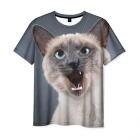 Мужская футболка 3D с принтом Злой кот в Новосибирске, 100% полиэфир | прямой крой, круглый вырез горловины, длина до линии бедер | взгляд | домашнее | животное | злой | зубы | клыки | кот | котэ | кошка | оскал | сеамский