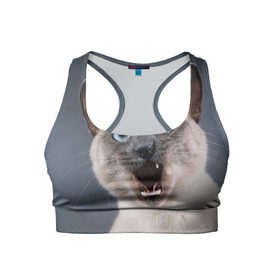 Женский спортивный топ 3D с принтом Злой кот в Новосибирске, 82% полиэстер, 18% спандекс Ткань безопасна для здоровья, позволяет коже дышать, не мнется и не растягивается |  | взгляд | домашнее | животное | злой | зубы | клыки | кот | котэ | кошка | оскал | сеамский