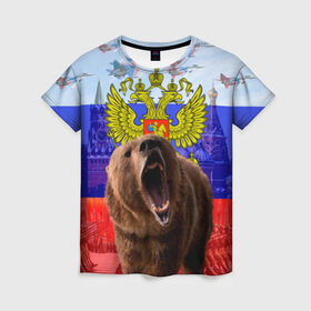 Женская футболка 3D с принтом Русский медведь и герб в Новосибирске, 100% полиэфир ( синтетическое хлопкоподобное полотно) | прямой крой, круглый вырез горловины, длина до линии бедер | герб | медведь | россия | русский | русский медведь