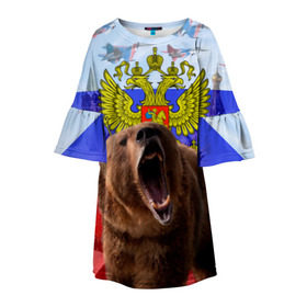 Детское платье 3D с принтом Русский медведь и герб в Новосибирске, 100% полиэстер | прямой силуэт, чуть расширенный к низу. Круглая горловина, на рукавах — воланы | Тематика изображения на принте: герб | медведь | россия | русский | русский медведь