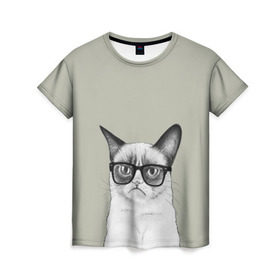 Женская футболка 3D с принтом Кот - хипстер в Новосибирске, 100% полиэфир ( синтетическое хлопкоподобное полотно) | прямой крой, круглый вырез горловины, длина до линии бедер | cat | hipster | кот | кошка | хипстер