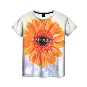 Женская футболка 3D с принтом Марина в Новосибирске, 100% полиэфир ( синтетическое хлопкоподобное полотно) | прямой крой, круглый вырез горловины, длина до линии бедер | девушке | имя | любимой | марина | подарок | подарок любимой | подарок на 8 марта | подарок на день рождения | с 8 марта | цветок | цветы