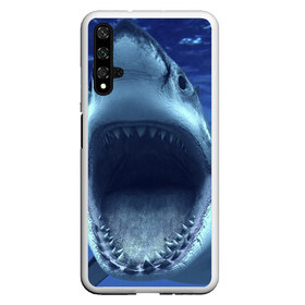 Чехол для Honor 20 с принтом Белая акула в Новосибирске, Силикон | Область печати: задняя сторона чехла, без боковых панелей | shark | море | синий