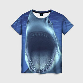 Женская футболка 3D с принтом Белая акула в Новосибирске, 100% полиэфир ( синтетическое хлопкоподобное полотно) | прямой крой, круглый вырез горловины, длина до линии бедер | shark | море | синий