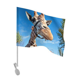 Флаг для автомобиля с принтом Прикольный жираф в Новосибирске, 100% полиэстер | Размер: 30*21 см | африка | животное | жираф | небо | природа