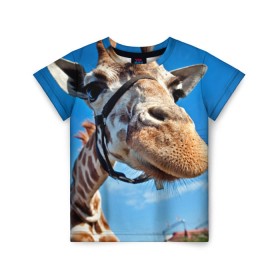 Детская футболка 3D с принтом Прикольный жираф в Новосибирске, 100% гипоаллергенный полиэфир | прямой крой, круглый вырез горловины, длина до линии бедер, чуть спущенное плечо, ткань немного тянется | африка | животное | жираф | небо | природа