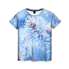 Женская футболка 3D с принтом Снежные иголки в Новосибирске, 100% полиэфир ( синтетическое хлопкоподобное полотно) | прямой крой, круглый вырез горловины, длина до линии бедер | дед мороз | елка | ель | зима | иголки | новый год | снег