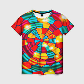 Женская футболка 3D с принтом Мозаика в Новосибирске, 100% полиэфир ( синтетическое хлопкоподобное полотно) | прямой крой, круглый вырез горловины, длина до линии бедер | стекло | цветные