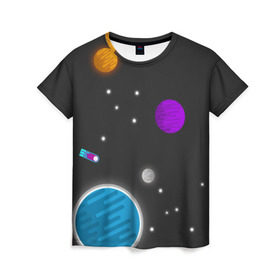 Женская футболка 3D с принтом Космос в Новосибирске, 100% полиэфир ( синтетическое хлопкоподобное полотно) | прямой крой, круглый вырез горловины, длина до линии бедер | галактика | звезды | земля | метеорит | солнце