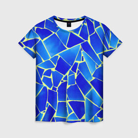 Женская футболка 3D с принтом Мозаика в Новосибирске, 100% полиэфир ( синтетическое хлопкоподобное полотно) | прямой крой, круглый вырез горловины, длина до линии бедер | осколки | синий | стекло