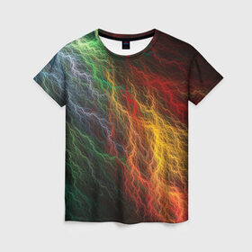 Женская футболка 3D с принтом Разноцветные молнии в Новосибирске, 100% полиэфир ( синтетическое хлопкоподобное полотно) | прямой крой, круглый вырез горловины, длина до линии бедер | lightning | молния