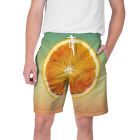 Мужские шорты 3D с принтом Апельсиновый рай в Новосибирске,  полиэстер 100% | прямой крой, два кармана без застежек по бокам. Мягкая трикотажная резинка на поясе, внутри которой широкие завязки. Длина чуть выше колен | Тематика изображения на принте: апельсин | градиент | жёлтый | зелёный | оранжевый