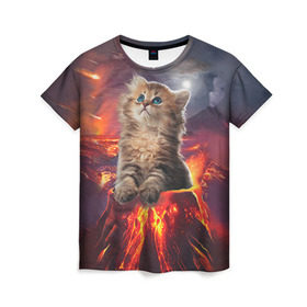 Женская футболка 3D с принтом Кот на вулкане в Новосибирске, 100% полиэфир ( синтетическое хлопкоподобное полотно) | прямой крой, круглый вырез горловины, длина до линии бедер | вулкан | извержение | кот | котенок | лава | метеорит