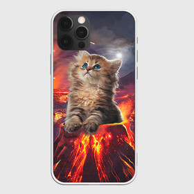 Чехол для iPhone 12 Pro с принтом Кот на вулкане в Новосибирске, силикон | область печати: задняя сторона чехла, без боковых панелей | Тематика изображения на принте: вулкан | извержение | кот | котенок | лава | метеорит