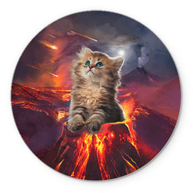 Коврик круглый с принтом Кот на вулкане в Новосибирске, резина и полиэстер | круглая форма, изображение наносится на всю лицевую часть | вулкан | извержение | кот | котенок | лава | метеорит