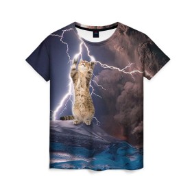 Женская футболка 3D с принтом Кот и молния в Новосибирске, 100% полиэфир ( синтетическое хлопкоподобное полотно) | прямой крой, круглый вырез горловины, длина до линии бедер | буря | гроза | кот | котенок | молния | облака
