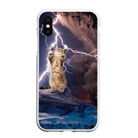 Чехол для iPhone XS Max матовый с принтом Кот и молния в Новосибирске, Силикон | Область печати: задняя сторона чехла, без боковых панелей | буря | гроза | кот | котенок | молния | облака