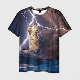 Мужская футболка 3D с принтом Кот и молния в Новосибирске, 100% полиэфир | прямой крой, круглый вырез горловины, длина до линии бедер | буря | гроза | кот | котенок | молния | облака