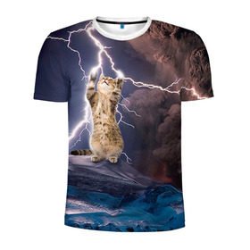 Мужская футболка 3D спортивная с принтом Кот и молния в Новосибирске, 100% полиэстер с улучшенными характеристиками | приталенный силуэт, круглая горловина, широкие плечи, сужается к линии бедра | Тематика изображения на принте: буря | гроза | кот | котенок | молния | облака
