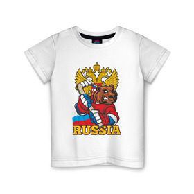 Детская футболка хлопок с принтом Только Русский Хоккей! в Новосибирске, 100% хлопок | круглый вырез горловины, полуприлегающий силуэт, длина до линии бедер | медведь | россия | русский | хоккей | чемпион | шайба