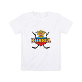 Детская футболка хлопок с принтом Hockey. Russian team. в Новосибирске, 100% хлопок | круглый вырез горловины, полуприлегающий силуэт, длина до линии бедер | клюшка | медведь | россия | русские | хоккей | шайба