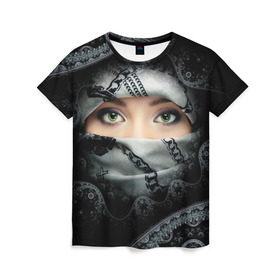 Женская футболка 3D с принтом Восточная девушка в Новосибирске, 100% полиэфир ( синтетическое хлопкоподобное полотно) | прямой крой, круглый вырез горловины, длина до линии бедер | взгляд | восточная девушка | глаза | красивая | никаб | орнамент | узоры | хиджаб