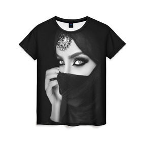 Женская футболка 3D с принтом Восточная девушка в Новосибирске, 100% полиэфир ( синтетическое хлопкоподобное полотно) | прямой крой, круглый вырез горловины, длина до линии бедер | взгляд | восточная девушка | глаза | красивая | никаб | орнамент | узоры | хиджаб