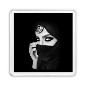 Магнит 55*55 с принтом Восточная девушка в Новосибирске, Пластик | Размер: 65*65 мм; Размер печати: 55*55 мм | взгляд | восточная девушка | глаза | красивая | никаб | орнамент | узоры | хиджаб