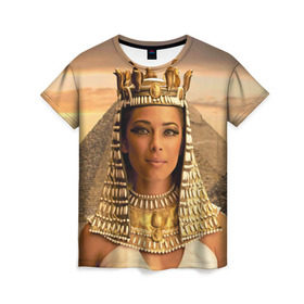 Женская футболка 3D с принтом Клеопатра в Новосибирске, 100% полиэфир ( синтетическое хлопкоподобное полотно) | прямой крой, круглый вырез горловины, длина до линии бедер | египет | египетская | закат | золото | клеопатра | корона | песок | пирамиды | пустыня | солнце | царица