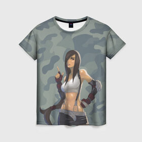 Женская футболка 3D с принтом Военная девушка в Новосибирске, 100% полиэфир ( синтетическое хлопкоподобное полотно) | прямой крой, круглый вырез горловины, длина до линии бедер | девушка | камуфляж | рисунок