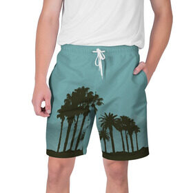 Мужские шорты 3D с принтом Пальмы в Новосибирске,  полиэстер 100% | прямой крой, два кармана без застежек по бокам. Мягкая трикотажная резинка на поясе, внутри которой широкие завязки. Длина чуть выше колен | деревья | пальмы | пляж | трафарет