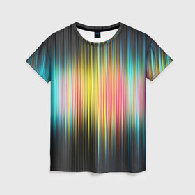 Женская футболка 3D с принтом Спектр в Новосибирске, 100% полиэфир ( синтетическое хлопкоподобное полотно) | прямой крой, круглый вырез горловины, длина до линии бедер | мерцание | радуга | свет | свечение | сияние | спектр | цвета | эквалайзер
