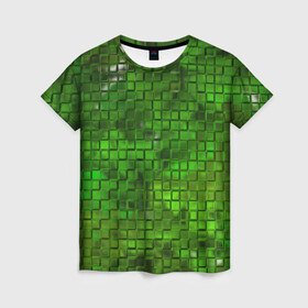 Женская футболка 3D с принтом Зелёные кубики в Новосибирске, 100% полиэфир ( синтетическое хлопкоподобное полотно) | прямой крой, круглый вырез горловины, длина до линии бедер | дизайн | искусство | кубики | мозаика | поверхность | рельеф | стена | стиль | текстура | фон