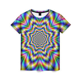 Женская футболка 3D с принтом Красочная иллюзия в Новосибирске, 100% полиэфир ( синтетическое хлопкоподобное полотно) | прямой крой, круглый вырез горловины, длина до линии бедер | гипноз | движение | красочный фон | обман зрения | оптическая иллюзия | погружение | текстура | фокус