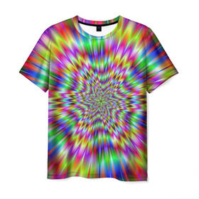 Мужская футболка 3D с принтом Спектральная иллюзия в Новосибирске, 100% полиэфир | прямой крой, круглый вырез горловины, длина до линии бедер | Тематика изображения на принте: взрыв | гипноз | движение | краски | красочный фон | обман зрения | оптическая иллюзия | погружение | текстура | фокус | цветовой спектр
