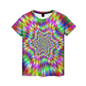 Женская футболка 3D с принтом Спектральная иллюзия в Новосибирске, 100% полиэфир ( синтетическое хлопкоподобное полотно) | прямой крой, круглый вырез горловины, длина до линии бедер | взрыв | гипноз | движение | краски | красочный фон | обман зрения | оптическая иллюзия | погружение | текстура | фокус | цветовой спектр
