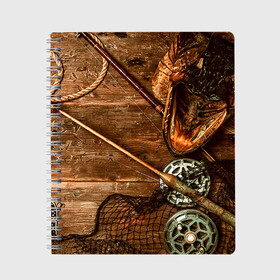 Тетрадь с принтом Рыбацкий стол в Новосибирске, 100% бумага | 48 листов, плотность листов — 60 г/м2, плотность картонной обложки — 250 г/м2. Листы скреплены сбоку удобной пружинной спиралью. Уголки страниц и обложки скругленные. Цвет линий — светло-серый
 | Тематика изображения на принте: грузило | карась | лодка | окунь | природа | река | рыбак | рыболов | снасти | туризм | щука