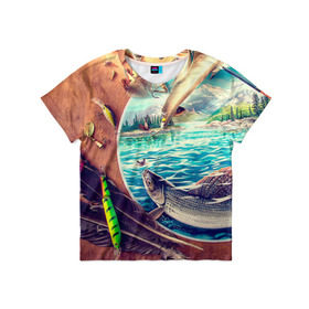 Детская футболка 3D с принтом Рыбацкое в Новосибирске, 100% гипоаллергенный полиэфир | прямой крой, круглый вырез горловины, длина до линии бедер, чуть спущенное плечо, ткань немного тянется | грузило | карась | лодка | окунь | природа | река | рыбак | рыболов | снасти | туризм | щука