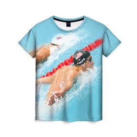 Женская футболка 3D с принтом Michael Phelps в Новосибирске, 100% полиэфир ( синтетическое хлопкоподобное полотно) | прямой крой, круглый вырез горловины, длина до линии бедер | фелпс