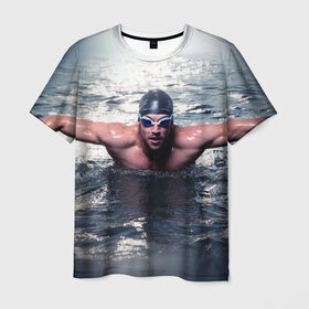 Мужская футболка 3D с принтом Пловец в Новосибирске, 100% полиэфир | прямой крой, круглый вырез горловины, длина до линии бедер | 