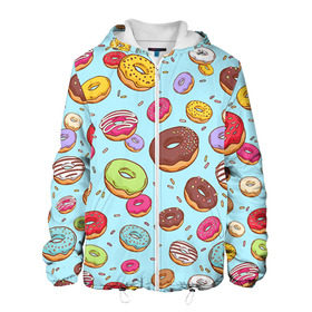 Мужская куртка 3D с принтом Пончики Пончики в Новосибирске, ткань верха — 100% полиэстер, подклад — флис | прямой крой, подол и капюшон оформлены резинкой с фиксаторами, два кармана без застежек по бокам, один большой потайной карман на груди. Карман на груди застегивается на липучку | Тематика изображения на принте: пончик
