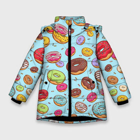Зимняя куртка для девочек 3D с принтом Пончики Пончики в Новосибирске, ткань верха — 100% полиэстер; подклад — 100% полиэстер, утеплитель — 100% полиэстер. | длина ниже бедра, удлиненная спинка, воротник стойка и отстегивающийся капюшон. Есть боковые карманы с листочкой на кнопках, утяжки по низу изделия и внутренний карман на молнии. 

Предусмотрены светоотражающий принт на спинке, радужный светоотражающий элемент на пуллере молнии и на резинке для утяжки. | пончик