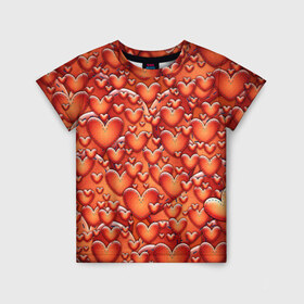 Детская футболка 3D с принтом Hearts в Новосибирске, 100% гипоаллергенный полиэфир | прямой крой, круглый вырез горловины, длина до линии бедер, чуть спущенное плечо, ткань немного тянется | heart | популярные | прикольные | сердечки | сердце