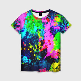 Женская футболка 3D с принтом Пятна краски в Новосибирске, 100% полиэфир ( синтетическое хлопкоподобное полотно) | прямой крой, круглый вырез горловины, длина до линии бедер | гранж | краска | новые | прикольные | текстуры | цветные