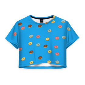 Женская футболка 3D укороченная с принтом Пончики в Новосибирске, 100% полиэстер | круглая горловина, длина футболки до линии талии, рукава с отворотами | donut | гомер | еда | пончики | симпсон | фаст